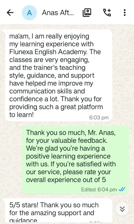 WhatsApp testimonial from Anas Aftab rating Flunexa English Academy 5 out of 5 stars