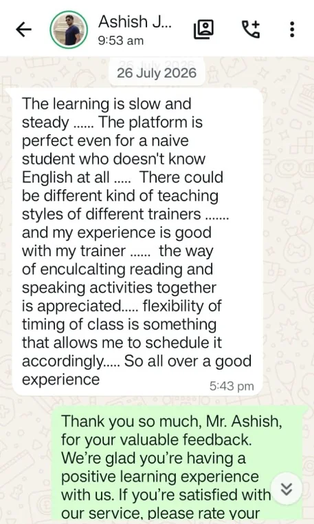 WhatsApp testimonial from Ashish Jangid about his Flunexa English Academy classes