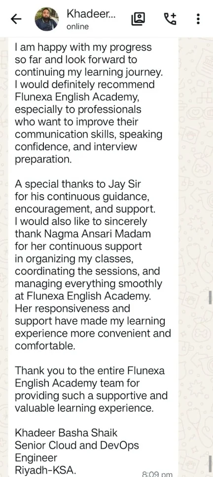 WhatsApp testimonial from Khadeer Basha Shaik recommending Flunexa English Academy