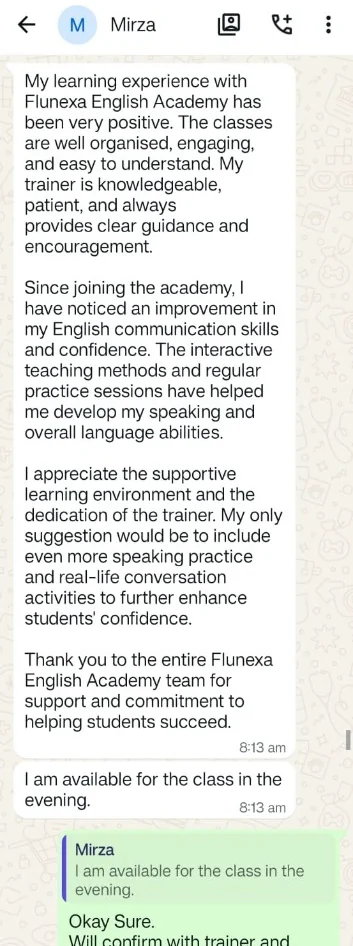 WhatsApp testimonial from Shaista Mirza about her Flunexa English Academy learning experience